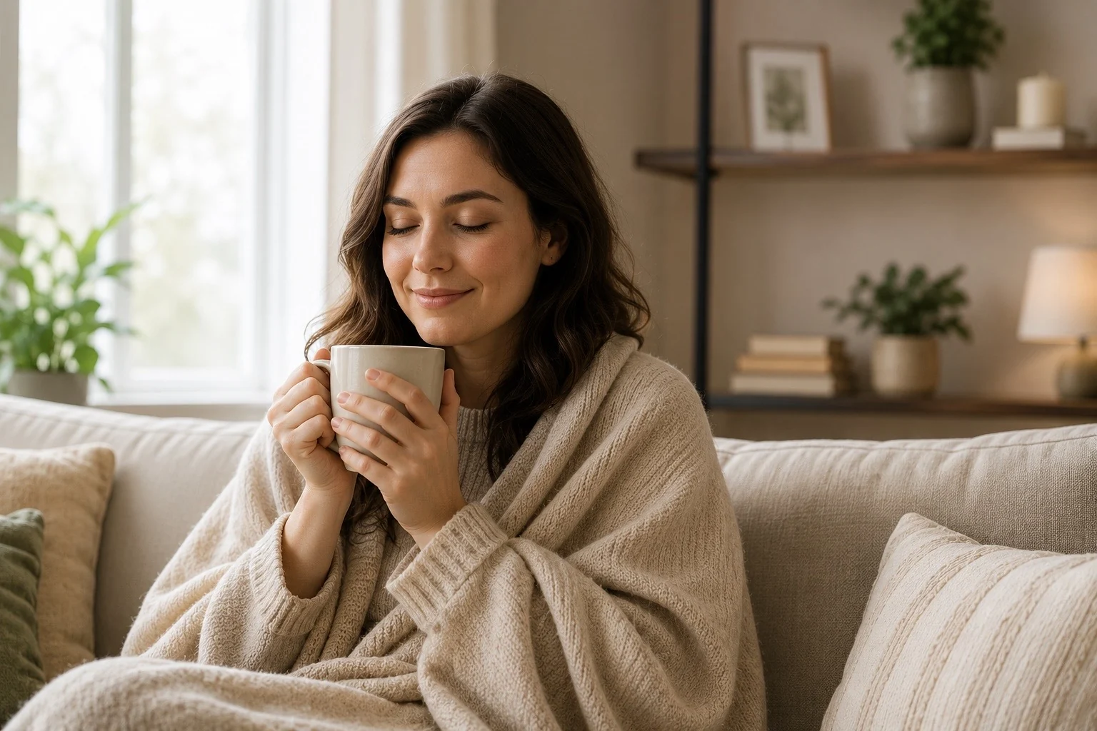 Woman relaxing with coffee after home comfort is restored
