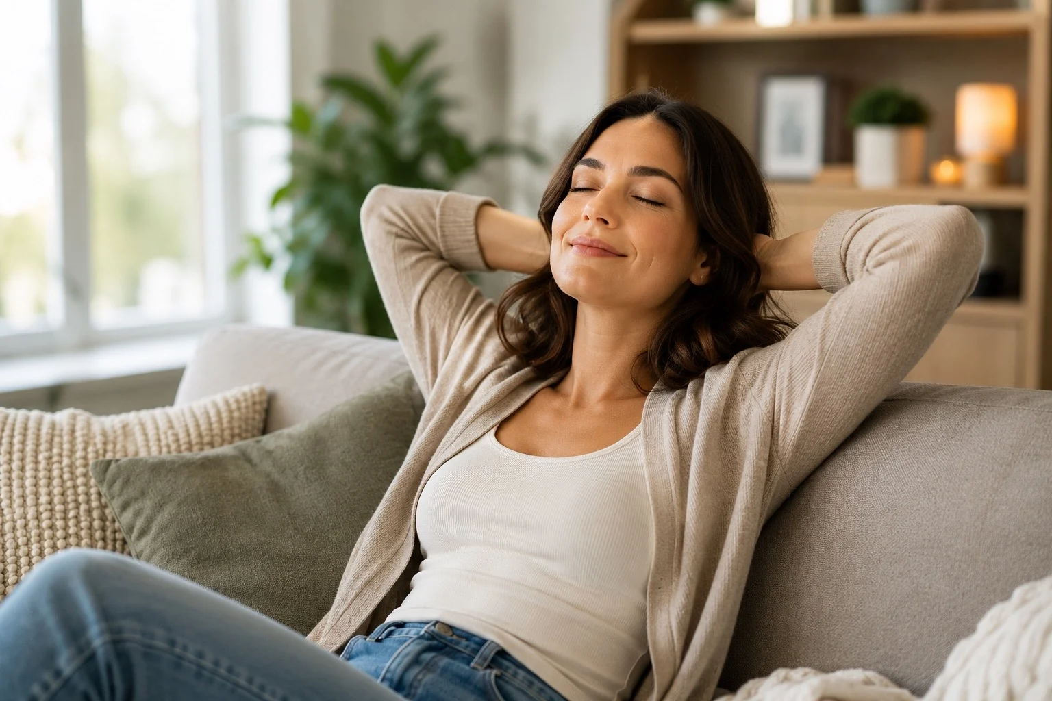 Woman relaxing on a sofa with peace of mind